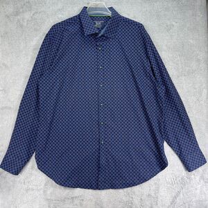 Society Of Threads Dress Shirt Mens 18.5 Blue Geometric Stretch Regular Fit